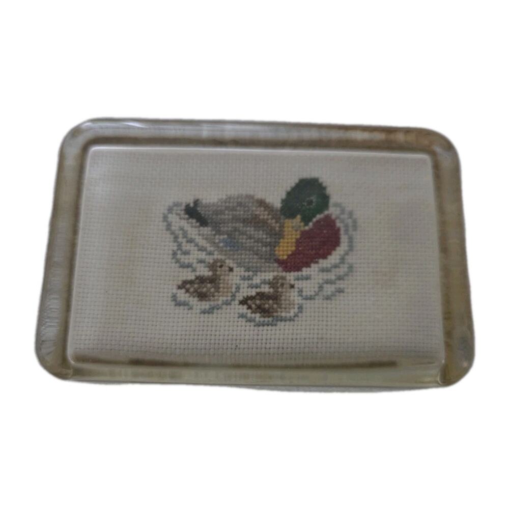 Needlepoint Duck Paperweight 4.25" Vintage Lucite